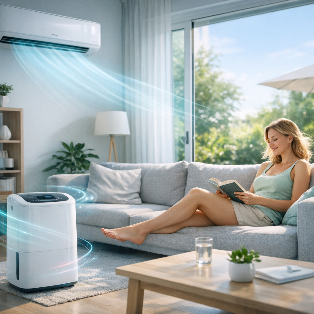 Jasny salon, w którym kobieta w topie i szortach siedzi na szarej kanapie i czyta książkę; nad kanapą zamontowany klimatyzator i na podłodze stojące białe przenośne urządzenie emitują widoczne niebieskie strumienie powietrza, za kanapą przesuwne szklane drzwi z widokiem na zieleń i parasol, na stoliku kawałek z szklanką wody i małą doniczką z rośliną, w tle regał z dekoracjami i stojąca lampa.