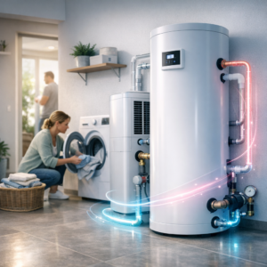 Pomieszczenie gospodarcze z dwoma dużymi białymi cylindrycznymi zbiornikami przy ścianie i widocznymi metalowymi rurami z niebiesko‑różowymi świetlnymi efektami przepływu, obok pralka z otwartymi drzwiami i pochyloną kobietą wkładającą pranie, kosz wiklinowy z ułożonymi ręcznikami na podłodze, półka na ścianie z doniczką oraz rozmyta sylwetka mężczyzny w przejściu do sąsiedniego pokoju.