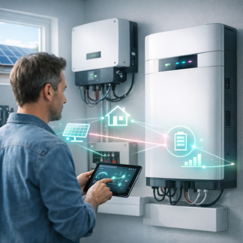 Mężczyzna widoczny z profilu trzyma tablet z interfejsem przed ścianą z zamontowanymi urządzeniami do magazynowania energii i falownikiem, po prawej duży biały magazyn energii, po lewej mniejszy falownik i widoczne kable, przez okno widać panele słoneczne, a nad urządzeniami pojawiają się świetliste ikony panelu fotowoltaicznego, domu, baterii i wykresu połączone liniami.