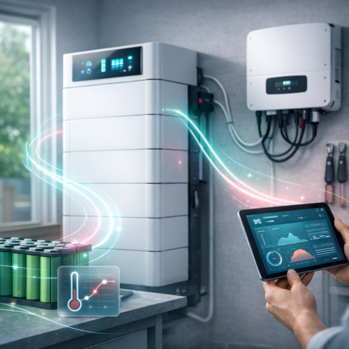 W kadrze widoczny domowy system magazynowania energii: wysoka biała wieża modułów baterii zamontowana przy ścianie obok inwertera z przewodami, na blacie z przodu zestaw zielonych cylindrycznych ogniw, świetliste turkusowo-różowe linie łączące elementy sugerujące przepływ energii, po prawej widoczne ręce trzymające tablet z panelem sterowania i wykresami oraz na blacie ikona termometru z wykresem; w tle okno z widokiem na zieleń i wiszące narzędzia na ścianie.