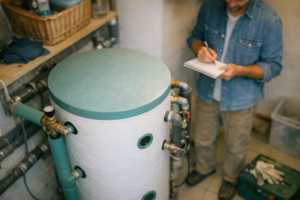 Duży biało-zielony izolowany cylindryczny zbiornik z rurami, zaworami i manometrem na pierwszym planie po lewej, a po prawej częściowo widoczna osoba w dżinsowej koszuli robiąca notatki w notatniku; nad zbiornikiem półka z wiklinowym koszem, a na podłodze obok skrzynka narzędziowa z rękawicami.