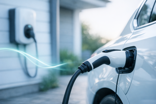 Zbliżenie na biały samochód elektryczny z podłączoną biało‑czarną wtyczką ładowania w bocznym gnieździe, grubym czarnym kablem biegnącym do ściennej stacji ładowania w tle i delikatnym zielonkawo‑niebieskim efektem świetlnym przy kablu.