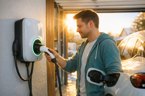 Mężczyzna w turkusowej bluzie z kapturem podłącza kabel do gniazda ładowania białego samochodu elektrycznego przy ściennej stacji ładowania z zielonym świecącym pierścieniem, w świetle zachodzącego słońca przed garażem.