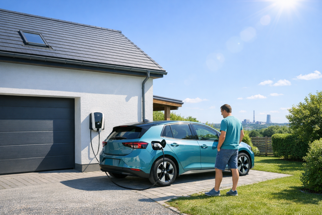 Mężczyzna w turkusowej koszulce i dżinsowych szortach stoi obok turkusowego samochodu hatchback podłączonego kablem do ściennej ładowarki przy białym domu z garażem na słonecznym podjeździe, obok trawnika i krzewów z widokiem na odległą panoramę miasta.