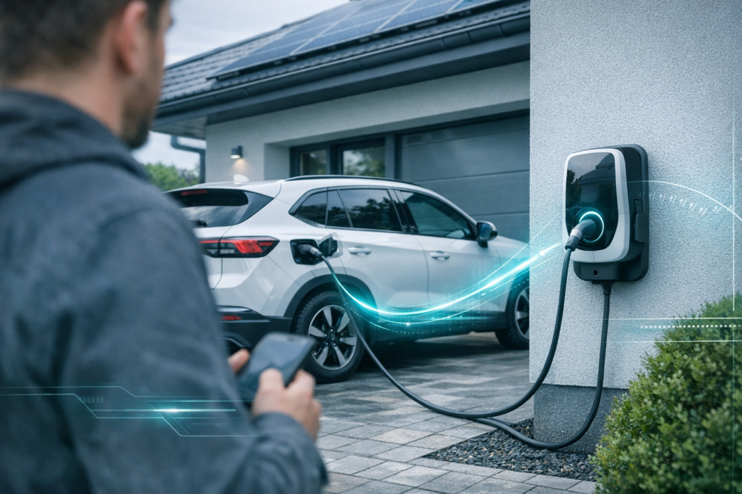 Nierozpoznawalny mężczyzna w zbliżeniu trzymający telefon na pierwszym planie, w tle biały SUV elektryczny podłączony kablem do ściennej stacji ładowania emitującej niebieski świetlny efekt, przed garażem domu z panelami słonecznymi na dachu i krzewem przy podjeździe.