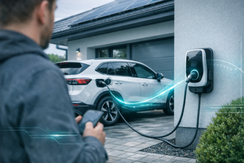 Nierozpoznawalny mężczyzna w zbliżeniu trzymający telefon na pierwszym planie, w tle biały SUV elektryczny podłączony kablem do ściennej stacji ładowania emitującej niebieski świetlny efekt, przed garażem domu z panelami słonecznymi na dachu i krzewem przy podjeździe.