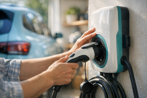 Dłonie osoby wpinające czarno-biało-turkusową wtyczkę do ściennej stacji ładowania samochodu elektrycznego, z rozmytym niebieskim autem w tle i zwiniętym kablem na dole.