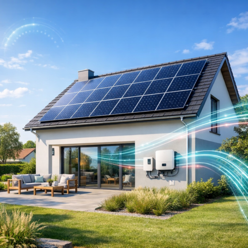 Dom jednorodzinny z dużym panelem fotowoltaicznym na skośnym dachu, przeszklonymi przesuwnymi drzwiami na taras z meblami wypoczynkowymi, białymi urządzeniami elektrycznymi zamontowanymi na ścianie, zielonym trawnikiem, krzewami i widocznymi świetlistymi pasmami nad elewacją pod niebieskim niebem.