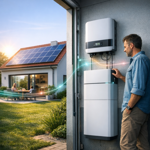 Mężczyzna stoi w otwartym garażu obok ściennie zamontowanego falownika i baterii magazynującej energię, trzymając dłoń na urządzeniu; na zewnątrz widać dom z panelami słonecznymi na dachu, zielony ogród i dwie osoby siedzące przy stole na tarasie, a wokół jednostek widoczne są kolorowe świetlne linie ilustrujące przepływ energii.