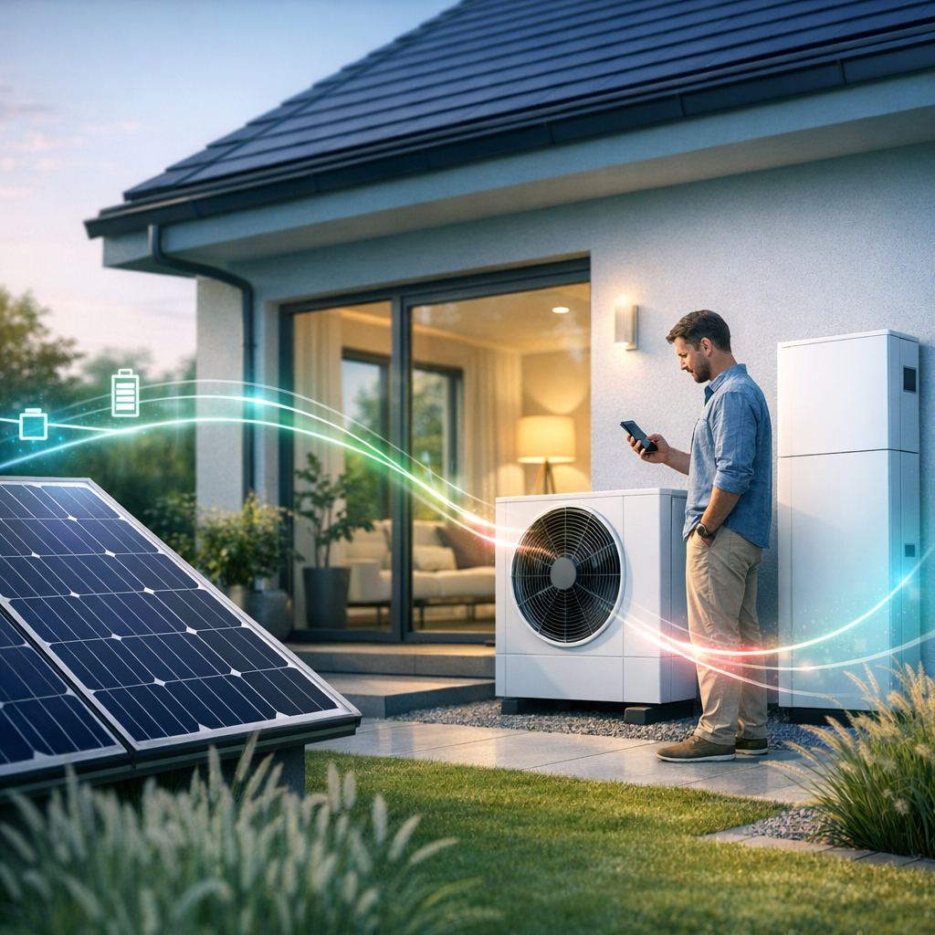 Mężczyzna stoi przy zewnętrznej jednostce pompy ciepła i białej szafie magazynu energii przy nowoczesnym domu, trzymając smartfon; na pierwszym planie po lewej widoczne panele fotowoltaiczne, a między panelami a urządzeniami pojawiają się kolorowe świetliste linie i ikony symbolizujące przepływ energii, w tle przeszklone drzwi prowadzące do wnętrza z lampą i roślinami.