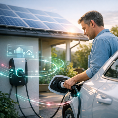 Mężczyzna w niebieskiej koszuli podłącza wtyczkę do białego samochodu elektrycznego przy ścianie domu z zamontowaną stacją ładowania, nad domem widoczne panele słoneczne, a wokół kabla i stacji świetliste holograficzne wykresy i pierścienie obrazujące przepływ energii.