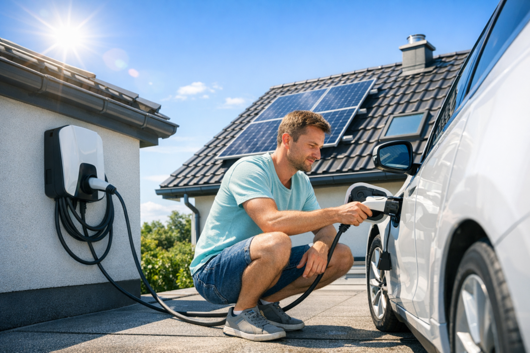 Mężczyzna w turkusowej koszulce i dżinsowych szortach klęczy obok białego samochodu elektrycznego, podłączając kabel ładowania do gniazda, obok widoczny wallbox zamocowany na ścianie domu i panele fotowoltaiczne na dachu przy słonecznym niebie.