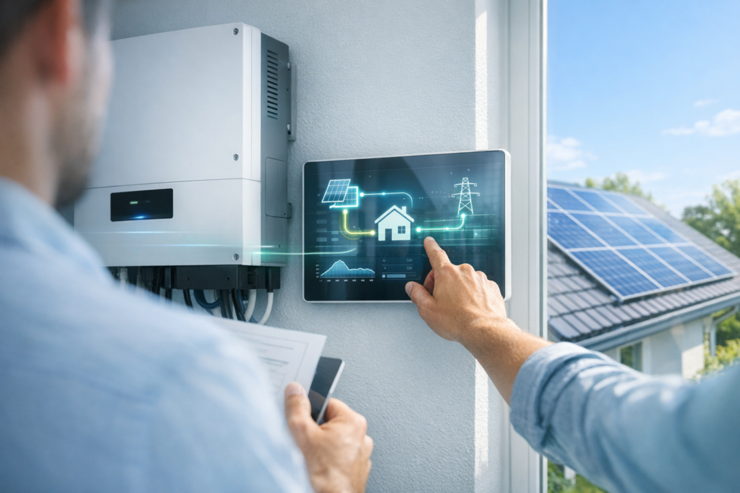Osoba dotykająca ścienny ekran dotykowy z wyświetlaną graficzną schematyką przepływu energii między panelem słonecznym, domem i siecią energetyczną, obok zamontowana biała skrzynka inwertera z przewodami, w pierwszym planie rozmyta druga osoba trzymająca dokumenty i telefon, a przez okno widać dach z panelami fotowoltaicznymi i niebieskie niebo.