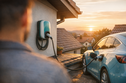 Samochód elektryczny w jasnoniebieskim kolorze podłączony kablem do ściennej ładowarki przy domu o zachodzie słońca, z rozmytą sylwetką osoby na pierwszym planie i dachami pobliskich domów w tle.
