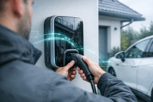 Zbliżenie na osobę podłączającą czarną wtyczkę kabla do ściennej stacji ładowania samochodu elektrycznego o błyszczącej czarnej obudowie z zielonkawymi świetlnymi efektami, z rozmytym bocznym widokiem osoby na pierwszym planie i zaparkowanym białym samochodem oraz domem w tle.