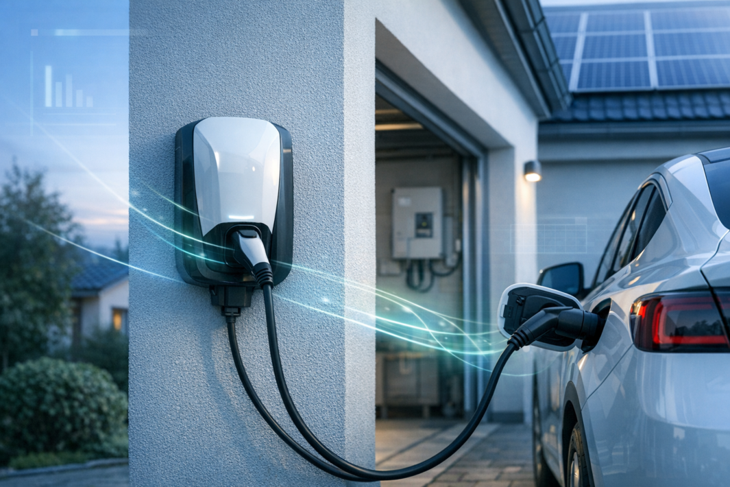 Stacja ładowania samochodu elektrycznego zamontowana na zewnętrznej, teksturowanej ścianie, z czarnym kablem i wtyczką podłączoną do portu białego auta stojącego przy otwartym garażu; na dachu widoczne panele słoneczne, w tle dom i krzewy oraz świetliste turkusowe smugi biegnące między stacją a wtyczką.