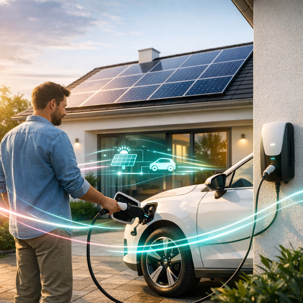 Mężczyzna stoi obok białego samochodu elektrycznego, podłączając kabel do ściennej stacji ładowania przy nowoczesnym domu z panelami słonecznymi na dachu, wokół których widoczne są zielonkawo-niebieskie świetliste linie i ikony panelu i auta.