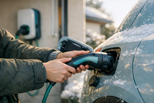 Dłonie osoby w zielonej kurtce wkładają wtyczkę ładowania elektrycznego z zielonym kablem do portu ładowania jasnoniebieskiego samochodu pokrytego śniegiem, a w tle rozmyta stacja ładowania na ścianie.