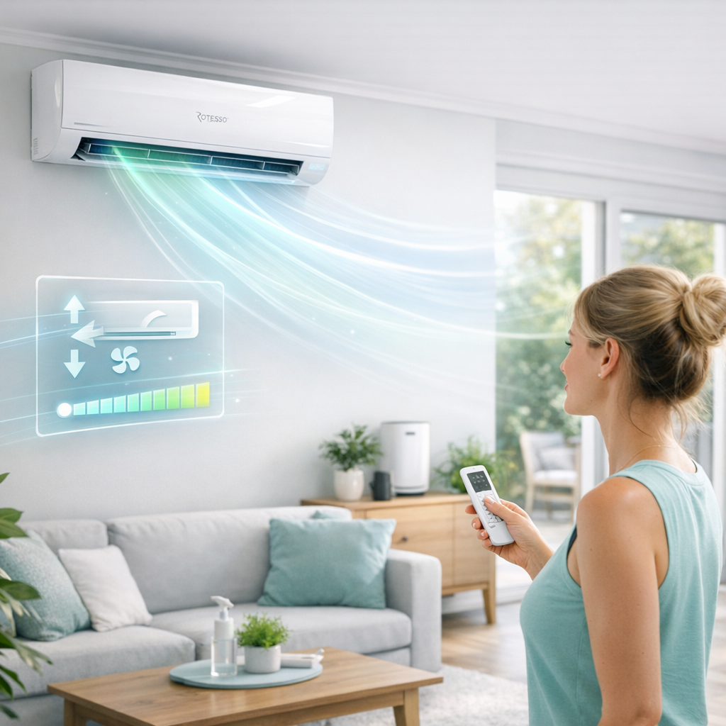 Kobieta stojąca w jasnym salonie trzyma pilot i patrzy na biały klimatyzator ścienny nad sofą, z widocznymi świetlistymi niebiesko‑zielonymi strumieniami powietrza oraz graficzną nakładką na ścianie z ikonami strzałek, wentylatora i paskiem mocy; w pomieszczeniu widoczne są sofa z poduszkami, stolik z tacą, doniczką i butelką oraz komoda przy dużym oknie z widokiem na zieleń.