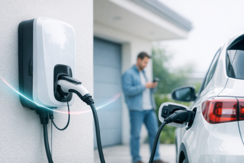Biała ścienna stacja ładowania z podłączonym kablem do białego samochodu elektrycznego na podjeździe, w tle rozmyty mężczyzna stoi przed garażem i patrzy na telefon