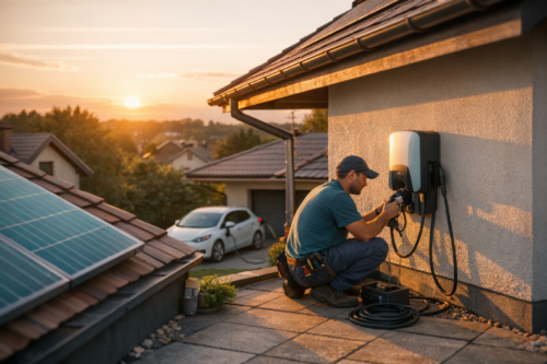 Mężczyzna w czapce i niebieskiej koszulce kuca na tarasie przy ścianie domu, pracując przy zamontowanej ładowarce do samochodów elektrycznych z kablami, skrzynką narzędzi i zwiniętym przewodem obok; z lewej widoczne panele słoneczne, w tle stoi podłączony do ładowania biały samochód i zachodzi słońce nad domami.
