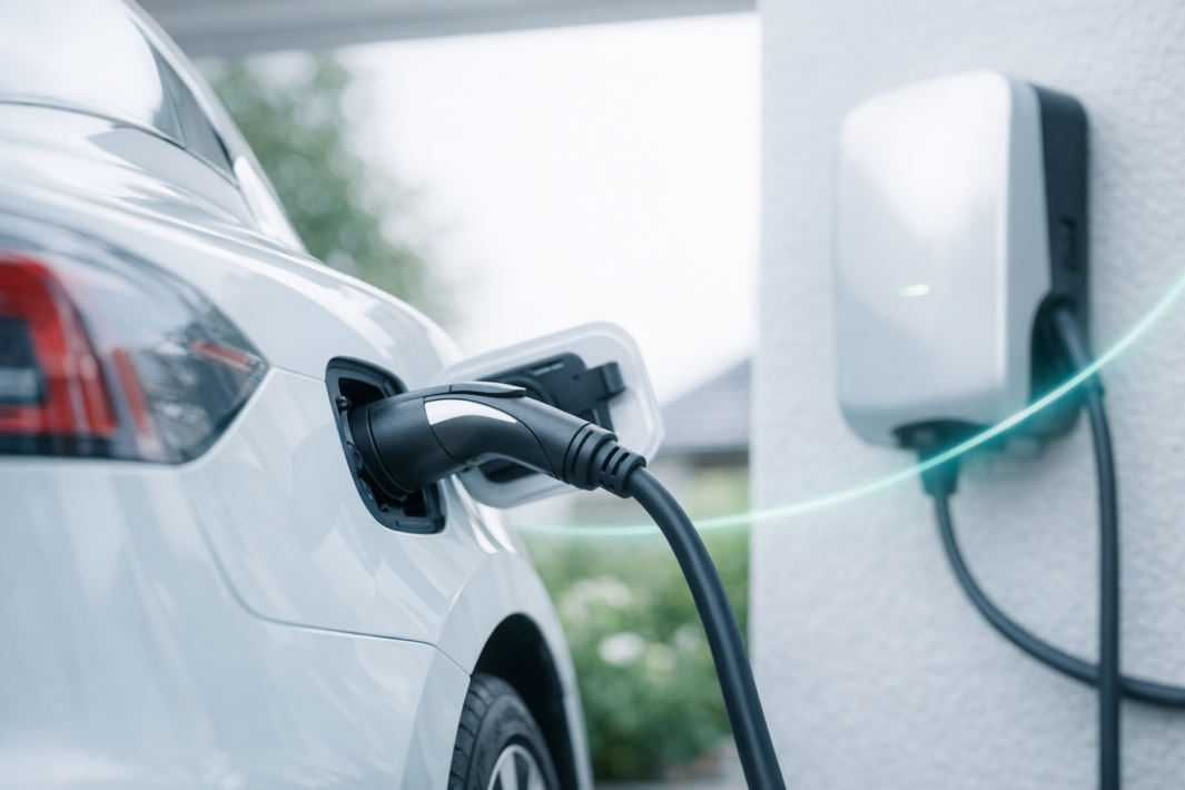 Zbliżenie na biały samochód elektryczny ładowany — wtyk kabla jest wpięty w gniazdo przy tylnym nadkolu, przewód prowadzi do ściennej stacji ładowania po prawej, w tle rozmyty ogród i fragment domu.