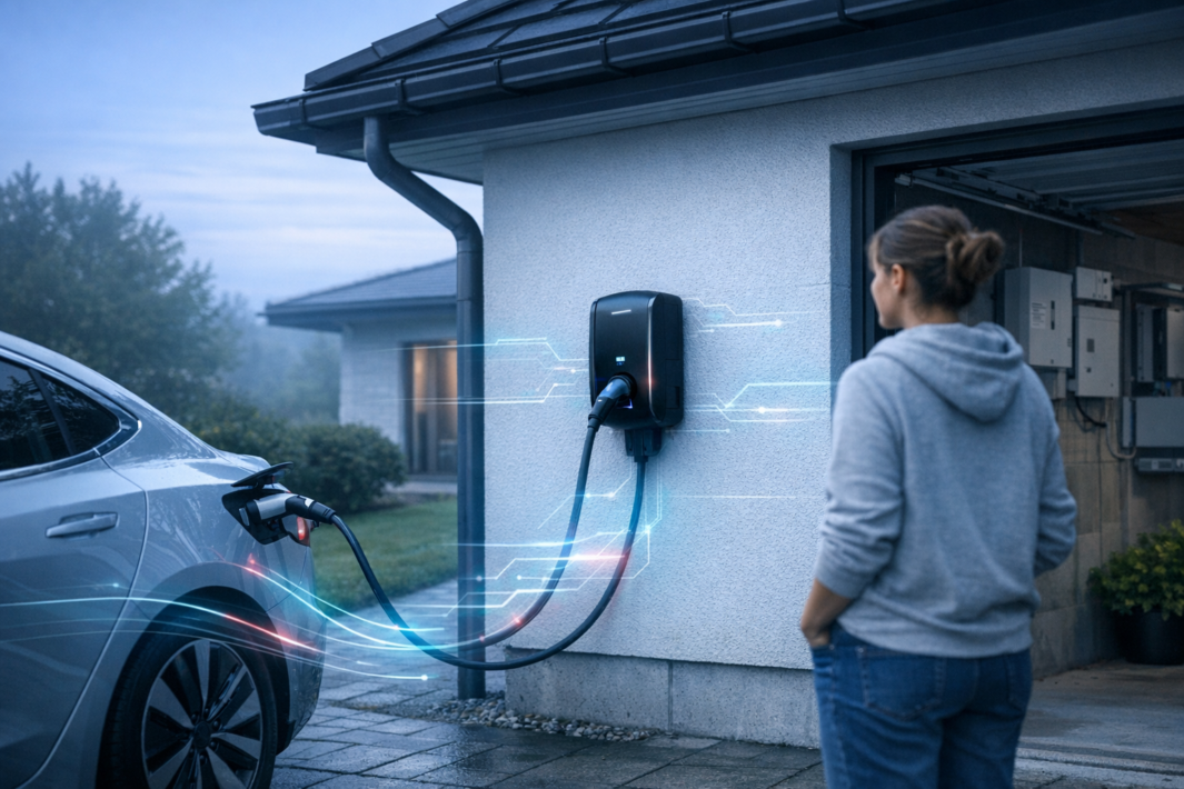 Wieczorna scena przed domem: po lewej zaparkowany elektryczny samochód podłączony kablem do czarnej stacji ładowania przymocowanej do ściany budynku w środku kadru, z widocznymi niebiesko-czerwonymi efektami świetlnymi wokół kabla, a po prawej stoi kobieta w szarej bluzie z kapturem przed otwartym garażem.