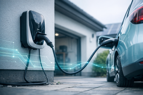 Elektryczny samochód podłączony do ściennej stacji ładowania przy domu, zbliżenie na czarną stację i wpięty kabel prowadzący do prawego tylnego gniazda błękitnego auta; w tle rozmyty garaż i panele słoneczne na dachu, na obrazie widoczne niebieskie świetlne linie.