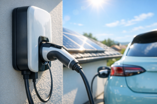 Zbliżenie stacji ładowania pojazdu elektrycznego zamocowanej na zewnętrznej ścianie (po lewej) z wpiętym kablem prowadzącym do błękitnego samochodu zaparkowanego po prawej, w tle na dachu widoczne panele słoneczne i słoneczne niebo.