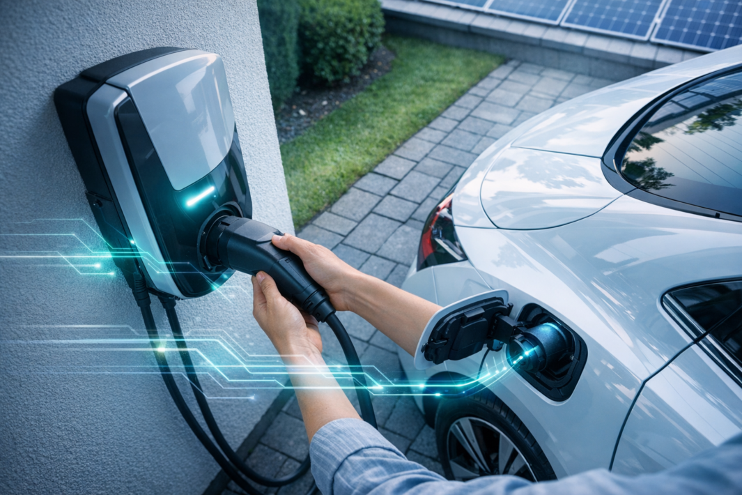 Ręce wkładające wtyczkę stacji ładowania zamontowanej na ścianie do gniazda białego samochodu elektrycznego zaparkowanego na podjeździe z kostki, obok trawnika i krzewów, z widocznymi panelami słonecznymi i niebiesko-zielonymi efektami świetlnymi symbolizującymi przepływ energii.