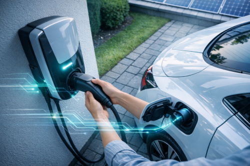Ręce wkładające wtyczkę stacji ładowania zamontowanej na ścianie do gniazda białego samochodu elektrycznego zaparkowanego na podjeździe z kostki, obok trawnika i krzewów, z widocznymi panelami słonecznymi i niebiesko-zielonymi efektami świetlnymi symbolizującymi przepływ energii.