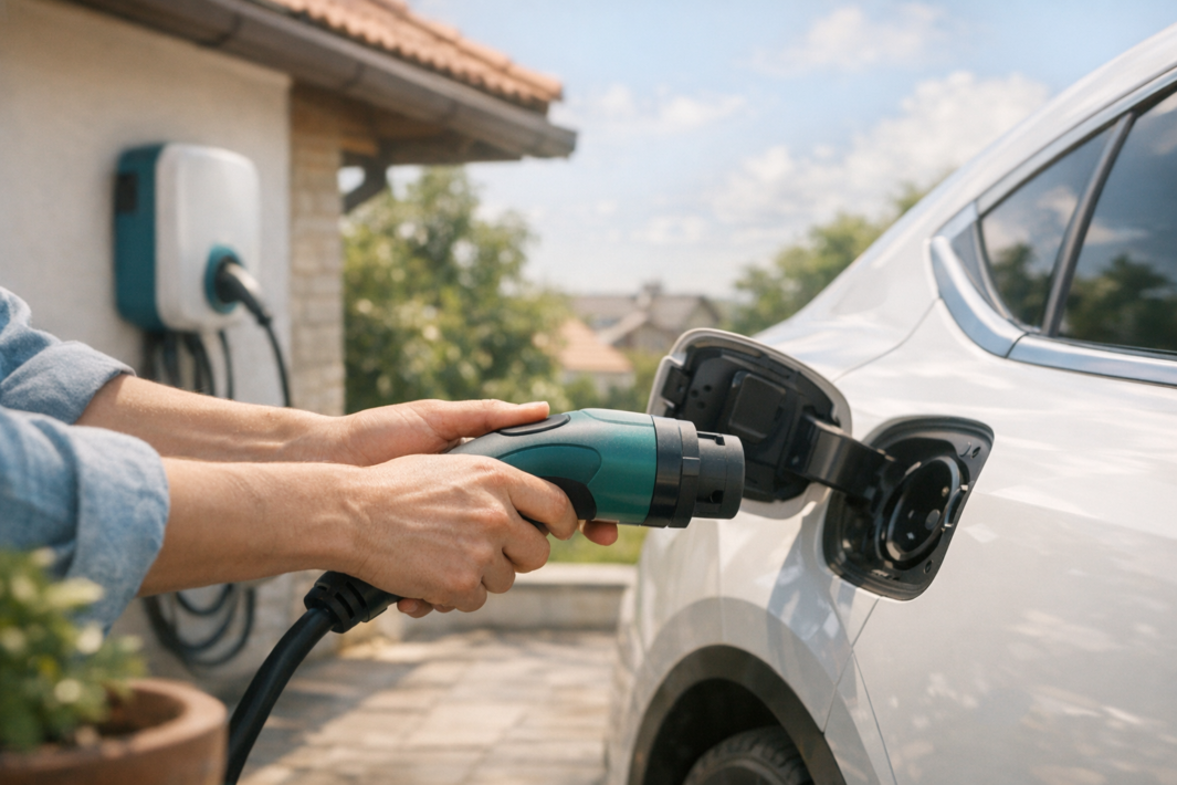 Dłonie osoby trzymające zielono-czarną wtyczkę ładowarki podczas podłączania jej do otwartego gniazda ładowania w boku białego samochodu elektrycznego, na tle domu z zamontowaną na ścianie stacją ładowania i rozmytego podwórza.