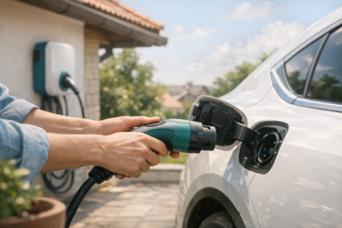 Dłonie osoby trzymające zielono-czarną wtyczkę ładowarki podczas podłączania jej do otwartego gniazda ładowania w boku białego samochodu elektrycznego, na tle domu z zamontowaną na ścianie stacją ładowania i rozmytego podwórza.
