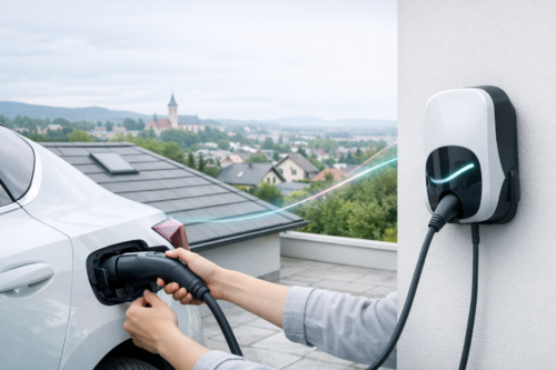 Ręce osoby podłączające czarny kabel ładowania do gniazda w białym samochodzie elektrycznym, po prawej na jasnej ścianie zamontowana biała stacja ładowania z jarzącą się niebieską linią, na pierwszym planie płytki tarasu i dach z panelem słonecznym, w tle zabudowa mieszkaniowa, drzewa i kościół na wzgórzu.