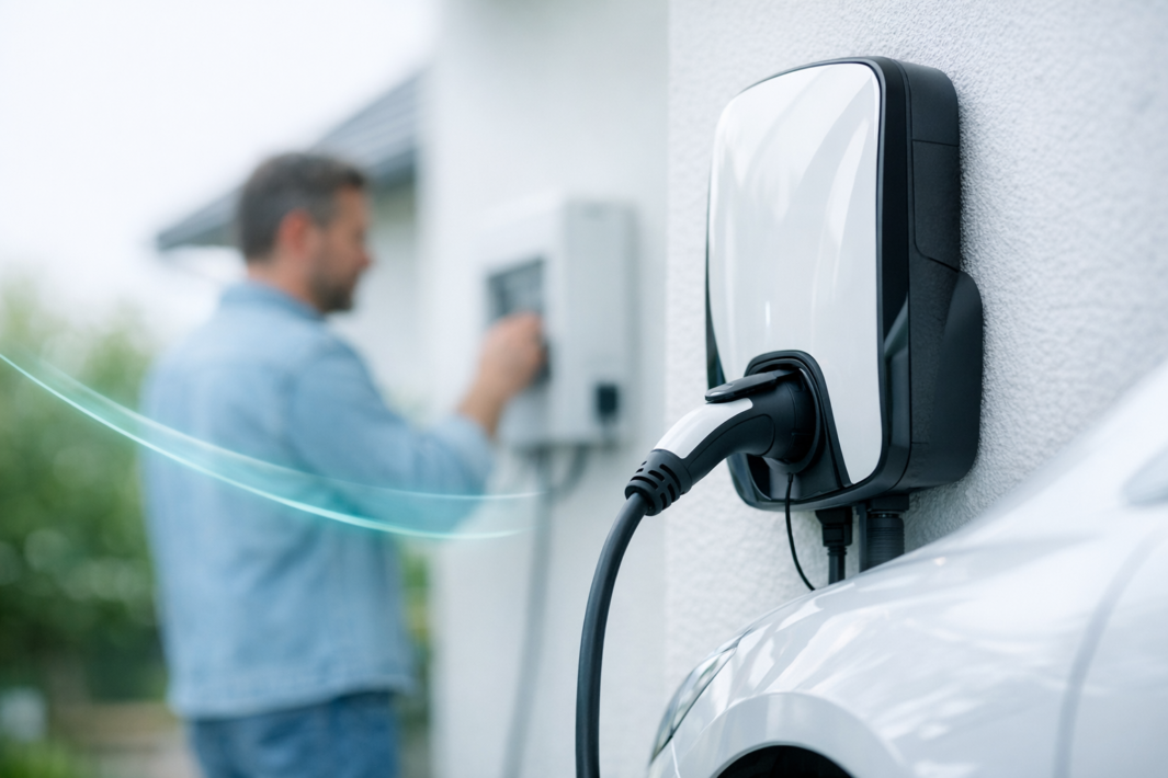 Zbliżenie na ścienną stację ładowania samochodu elektrycznego z błyszczącą białą i czarną obudową oraz podłączonym czarnym kablem do białego auta, w tle na zewnątrz rozmyta postać osoby obsługującej panel na ścianie i niewyraźna zieleń ogrodu.