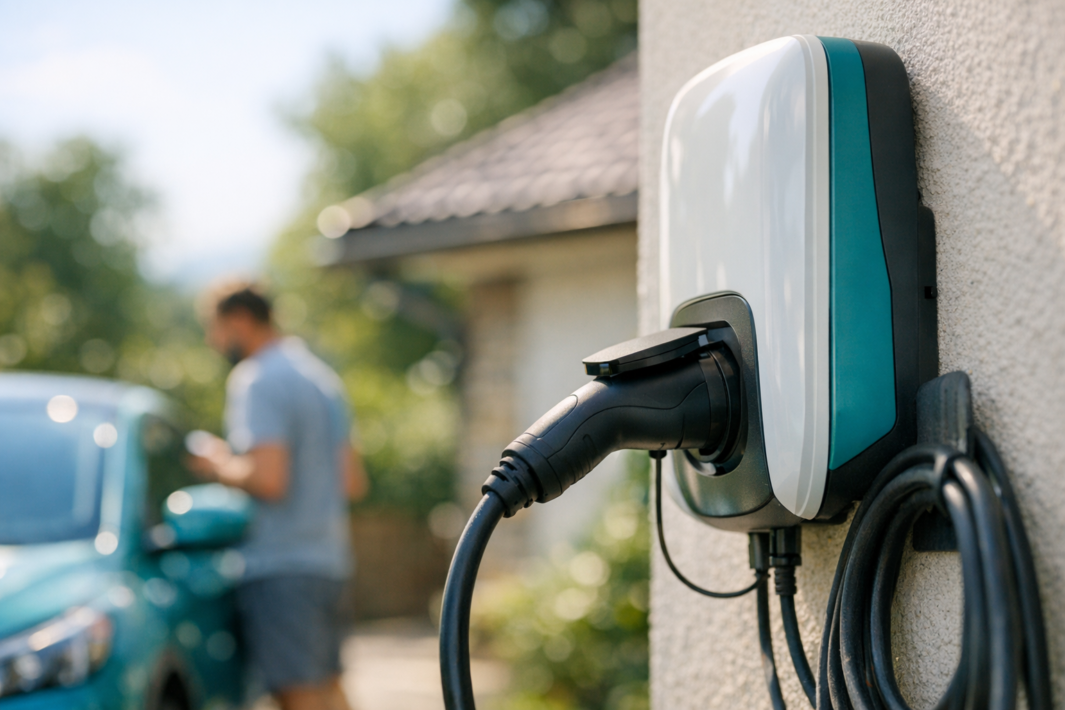 Stacja ładowania samochodu elektrycznego zamontowana na zewnętrznej ścianie — biało‑turkusowy moduł z podłączoną czarną wtyczką i zwiniętym kablem, w tle rozmyty turkusowy samochód i stojąca przy nim osoba.