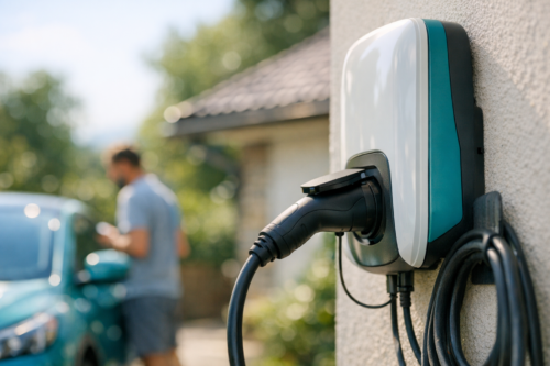 Stacja ładowania samochodu elektrycznego zamontowana na zewnętrznej ścianie — biało‑turkusowy moduł z podłączoną czarną wtyczką i zwiniętym kablem, w tle rozmyty turkusowy samochód i stojąca przy nim osoba.