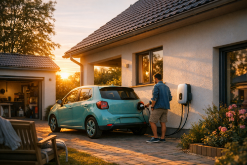 Na podjeździe przy domu o jasnej elewacji osoba w dżinsowej kurtce i krótkich spodniach podłącza turkusowy hatchback do ściennej stacji ładowania, obok widoczny otwarty garaż z narzędziami, rabata z różowymi kwiatami i nisko zachodzące słońce za drzewami.
