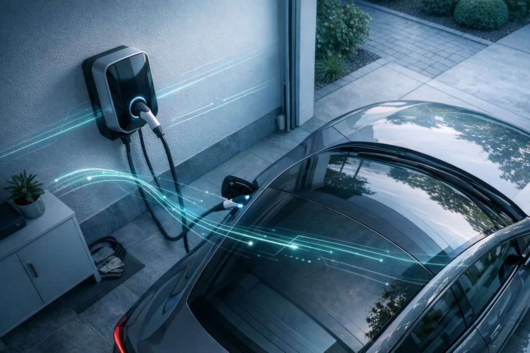 Samochód elektryczny zaparkowany w garażu podłączony kablem do ściennej stacji ładowania, z widocznymi świetlistymi niebiesko‑zielonymi liniami biegnącymi między stacją a autem, odbiciami drzew na dachu pojazdu, szafką z doniczką i zwiniętym kablem oraz podjazdem z kostki brukowej i roślinami.