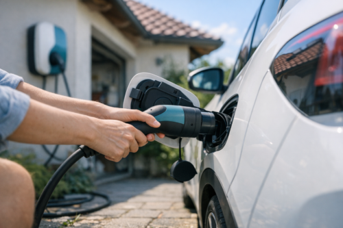 Zbliżenie na dłonie podłączające wtyczkę do gniazda ładowania białego samochodu elektrycznego zaparkowanego przy domu, w tle widoczna stacja ładowania na ścianie garażu i fragment dachu.