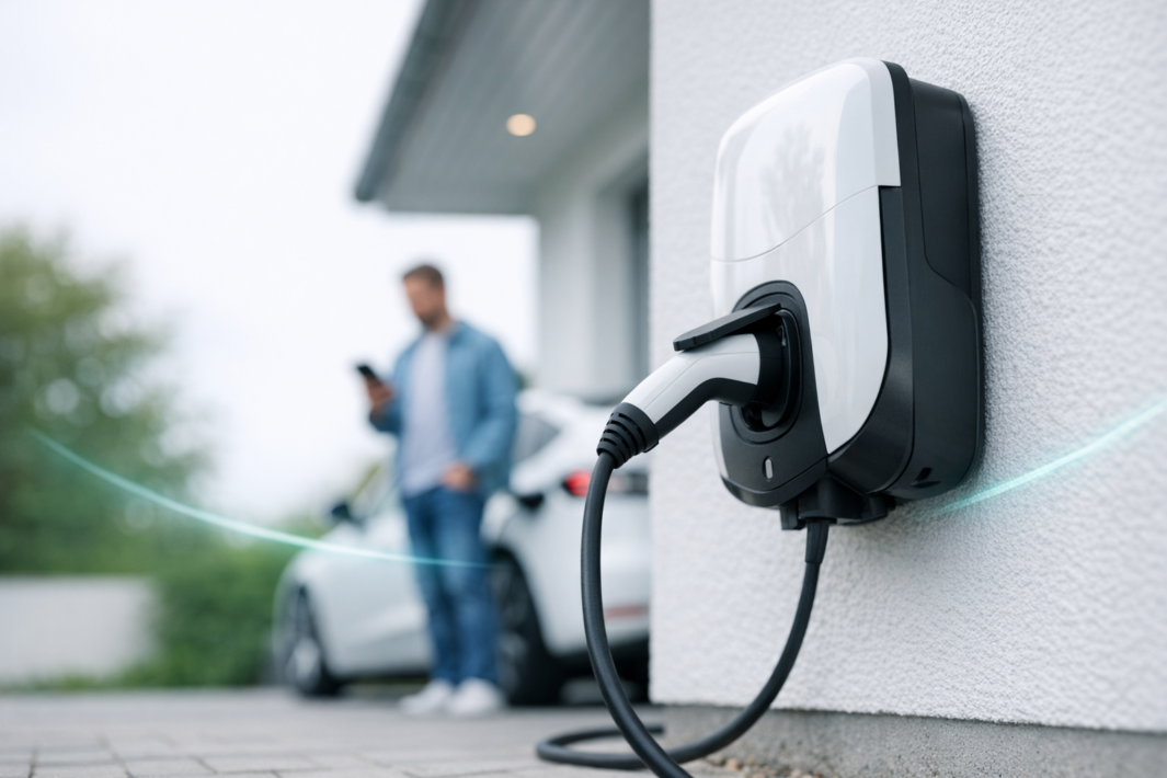 Stacja ładowania samochodu elektrycznego zamontowana na zewnętrznej ścianie z podłączoną wtyczką i kablem na pierwszym planie; w tle rozmyta osoba stojąca przy białym samochodzie i patrząca na smartfon oraz fragment podjazdu i elewacji domu.