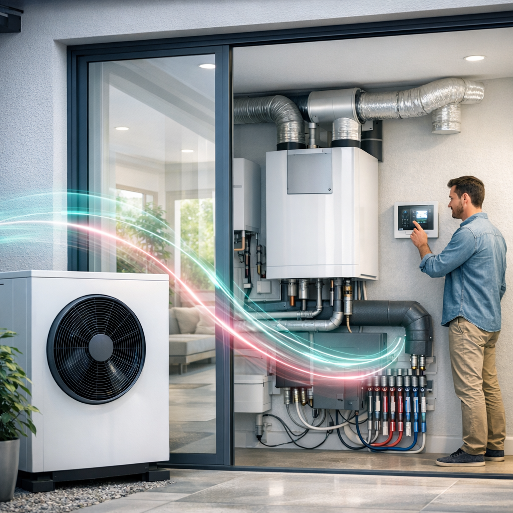 Widok przez przeszklone przesuwne drzwi na instalację techniczną: po lewej zewnętrzna jednostka z dużym okrągłym wentylatorem, wewnątrz białe urządzenia z metalowymi kanałami i rurami oraz kolektor z kolorowymi przewodami, mężczyzna po prawej dotyka ściennego panelu sterowania, przez szybę widać kanapę i roślinę, a przez obraz przebiegają turkusowo‑różowe świetliste smugi.