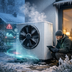 Mężczyzna w zimowej odzieży i rękawiczkach kuca z tabletem obok zamarzniętej zewnętrznej jednostki pompy ciepła/klimatyzatora przy ścianie domu, z widocznym wentylatorem pokrytym lodem, unoszącą się parą, soplami lodu na dachu, śniegiem na ziemi oraz przezroczystym holograficznym panelem diagnostycznym z trójkątem ostrzegawczym, ikoną płatka śniegu i wykresami.