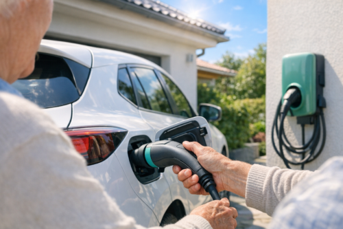 Zbliżenie dłoni osoby wkładającej wtyczkę ładowania do gniazda białego samochodu elektrycznego, obok na ścianie domu widoczna zielona stacja ładująca z nawiniętym kablem, w tle garaż, ogród i jasne niebo.