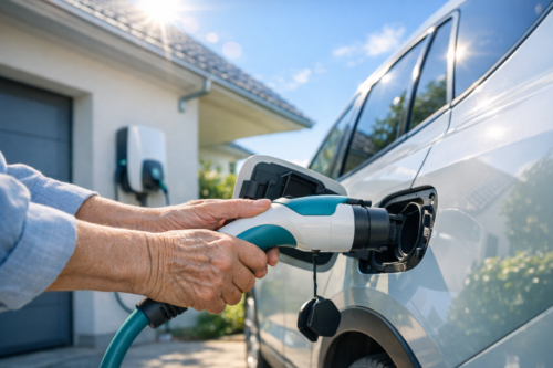 Dłonie osoby wkładające turkusowo-biało-czarny wtyk ładowarki do gniazda srebrnego samochodu elektrycznego na podjeździe, w tle dom z zamontowaną stacją ładowania i słoneczne niebo.