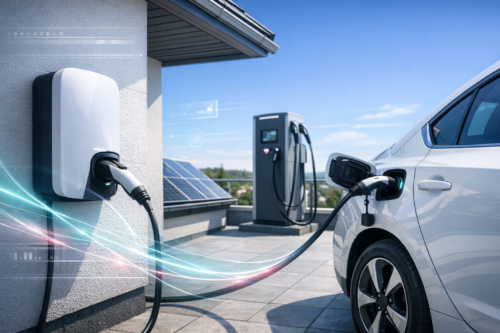 Biały samochód elektryczny po prawej ma otwarty port ładowania i jest podłączony kablem do ściennej stacji ładowania po lewej, na płaskim tarasie z widocznym panelem słonecznym i wysoką stacją ładowania w tle pod niebieskim niebem, z holograficznymi świetlnymi smugami symbolizującymi przepływ energii.