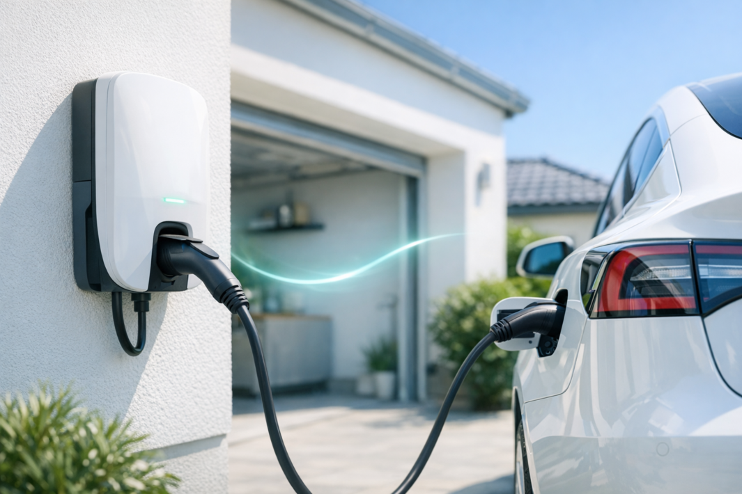 Biały elektryczny samochód podłączony czarnym kablem do białej, ściennej stacji ładowania przy domu; na pierwszym planie tył auta z widoczną lampą, po lewej obudowa ładowarki z zielonym świecącym paskiem i turkusowym efektem świetlnym biegnącym do auta, w tle otwarty garaż, krzewy i niebieskie niebo.