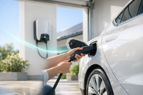 Zbliżenie dłoni podłączających czarny kabel do otwartego gniazda białego samochodu elektrycznego na podjeździe, z widoczną tylną felgą, ścienną stacją ładowania w tle, panelami słonecznymi na dachu oraz rozmytymi roślinami i słonecznym oświetleniem z zielonkawą smugą świetlną.