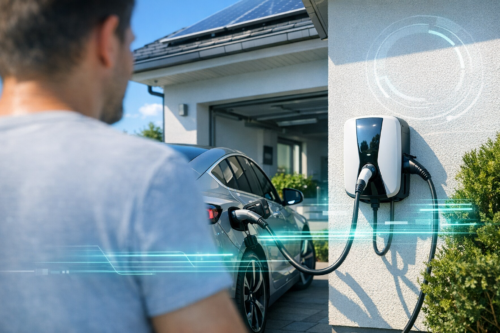 Osoba widoczna z tyłu na pierwszym planie stoi przy elektrycznym samochodzie zaparkowanym przy domu, podłączonym kablem do ściennej stacji ładowania; w tle widać otwarty garaż, panele słoneczne na dachu i krzewy, a na zdjęciu nałożone są niebieskawe świetliste pasy i okrągły graficzny efekt.