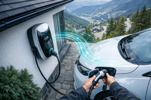 Ręce osoby podłączające kabel do gniazda ładowania białego samochodu elektrycznego przy ścianie domu z zamontowaną czarno‑srebrną stacją ładowania, widoczne świetliste niebieskie strzałki symbolizujące przepływ energii, brukowany podjazd, krzew przy ścianie i w tle górski krajobraz z krętą drogą i kilkoma domami.